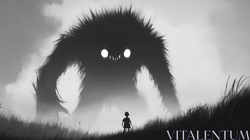 Child Faces Giant Shadowy Creature in the Fog AI Image