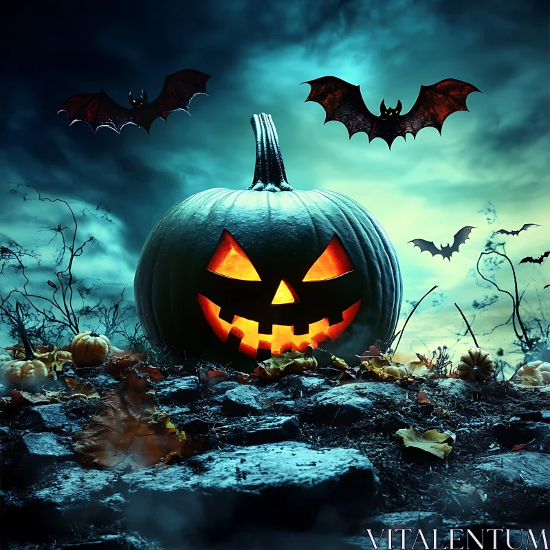 Spooky Halloween Pumpkin and Bats AI Image