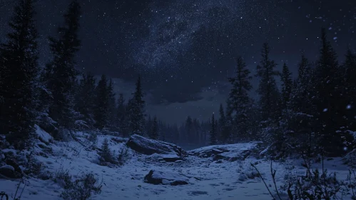 Snowy Forest at Night with Starry Sky