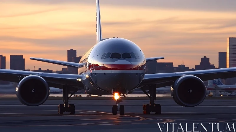 Sunset Airplane with City Background AI Image