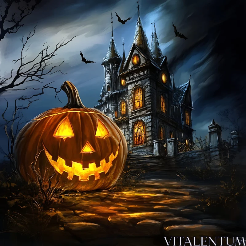 AI ART Haunting Halloween Night with Spooky Jack-O'-Lantern