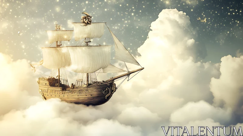 Dreamlike Airship Floating in a Cloudy Sky AI Image