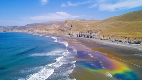 Coastal Aerial Scene with Rainbow on the Sand