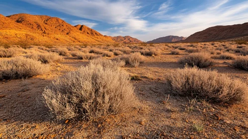 Arid Desert Scene with Brushwood and Mountains