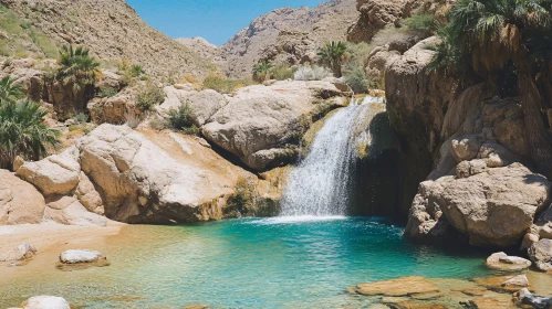 Desert Waterfall Oasis with Palm Trees