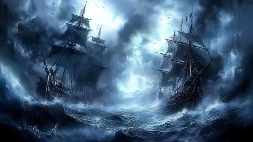 Stormy Sea Clash: Majestic Ships Battling Fierce Waves