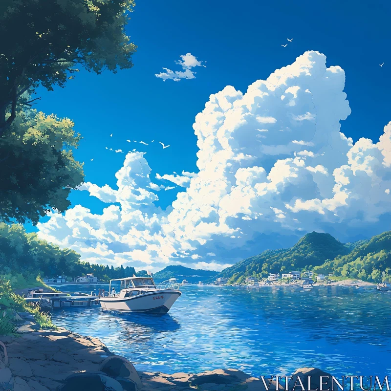 AI ART Idyllic Lakeside with Boat and Blue Sky