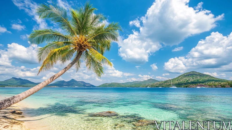 Paradise Beach Scene with Leaning Palm Tree AI Image