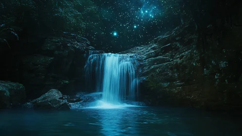 Magical Forest Waterfall Under the Stars