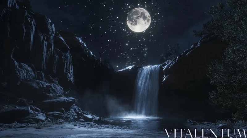 Moonlit Waterfall in Tranquil Night AI Image