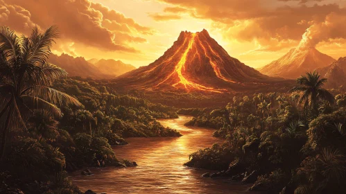 Sunset Over a Fiery Volcano and Jungle