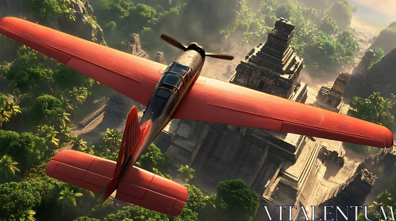 Plane Flying Over Jungle Temples AI Image