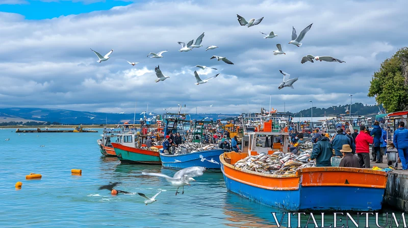 Lively Harbor Scene with Fishing Activities AI Image