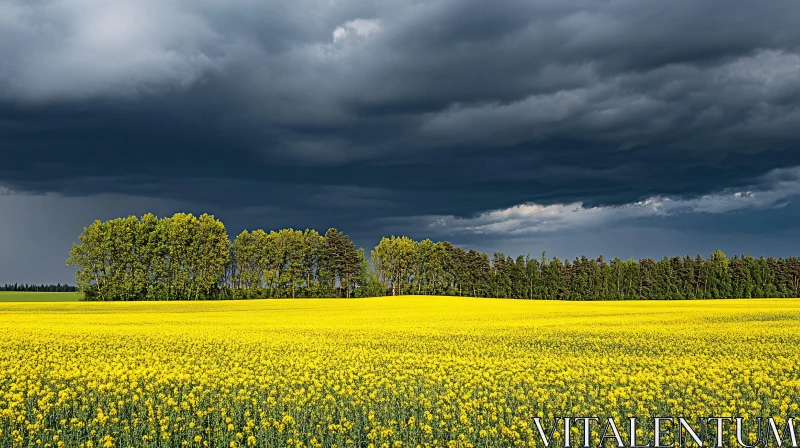 Ominous Sky Above Vibrant Yellow Field AI Image