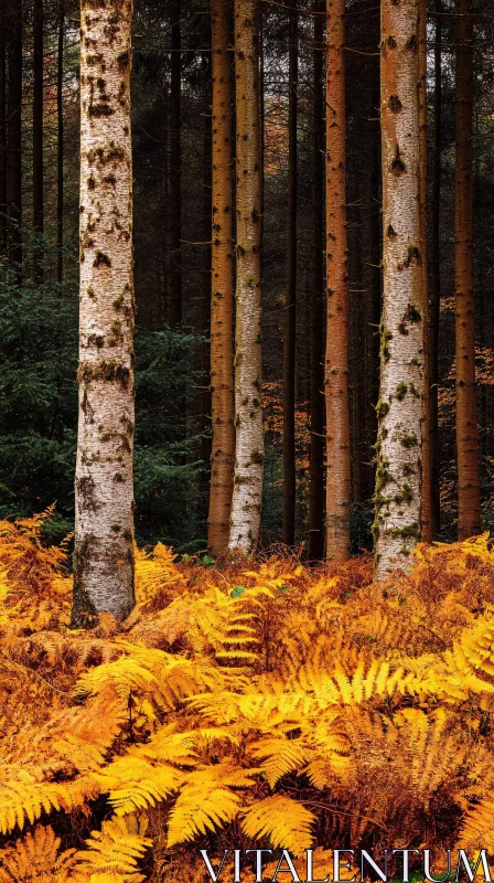 AI ART Autumn Forest with Birch Trees and Yellow Ferns