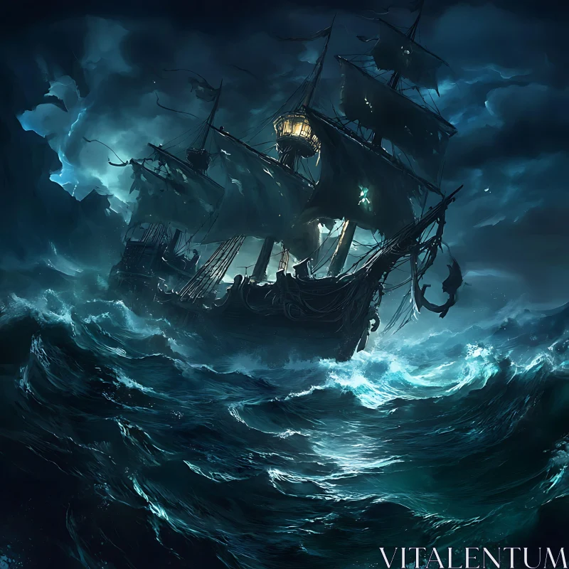 AI ART Haunting Night Voyage of a Ship in Stormy Waters