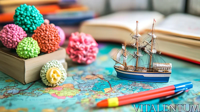 Detailed Miniature Sailing Ship and Map with Colorful Accents AI Image