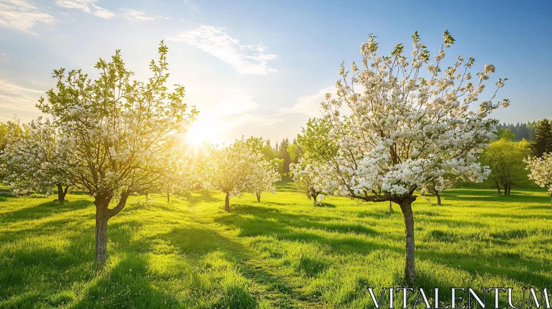 Blossoming Orchard at Sunset AI Image