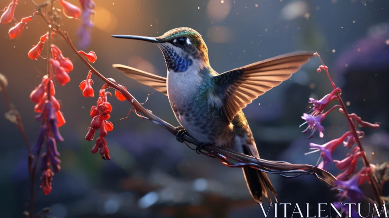 Hummingbird on Flower Branch: An Unreal Engine 5 Illustration AI Image