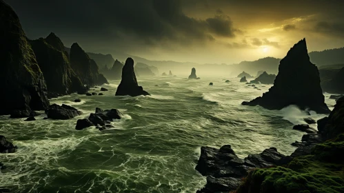 Misty Gothic Seascape: A Turbulent Ocean Against Rocky Coastline