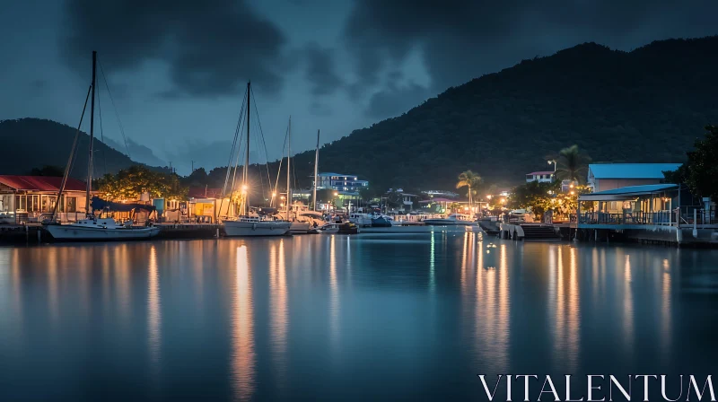 Peaceful Nighttime Waterfront with Docked Boats AI Image