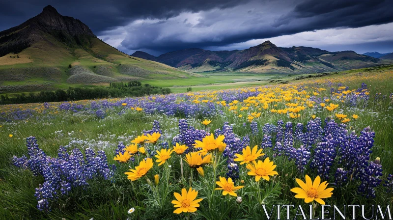 Vibrant Wildflower Landscape with Mountains AI Image