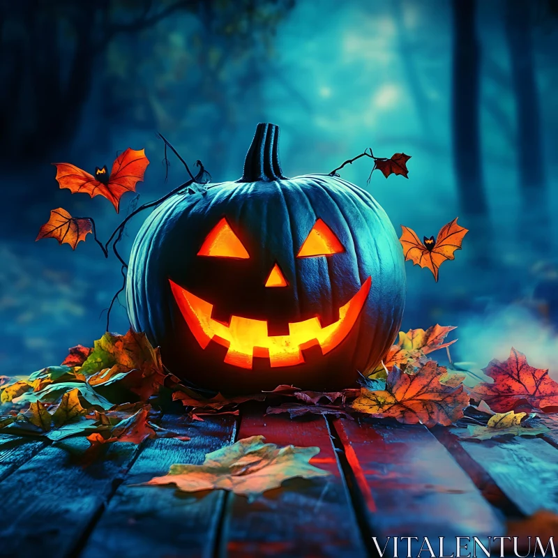 Glowing Pumpkin in the Dark Forest AI Image