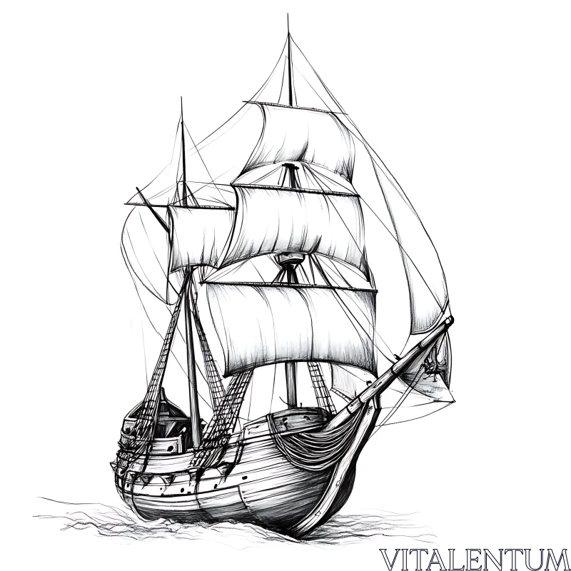 Detailed Black and White Drawing of Sailing Ship AI Image