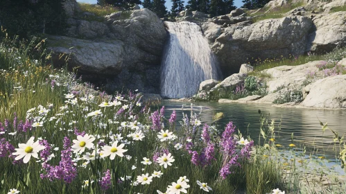 Tranquil Stream with Floral Meadow and Rocky Waterfall