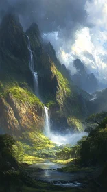 Serene Mountain Scene with Cascading Waterfalls