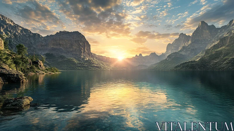 AI ART Sunrise Over Tranquil Mountain Lake