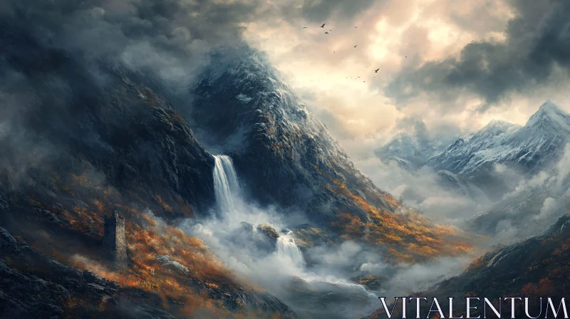 AI ART Serene Mountain Scene with Tower and Birds