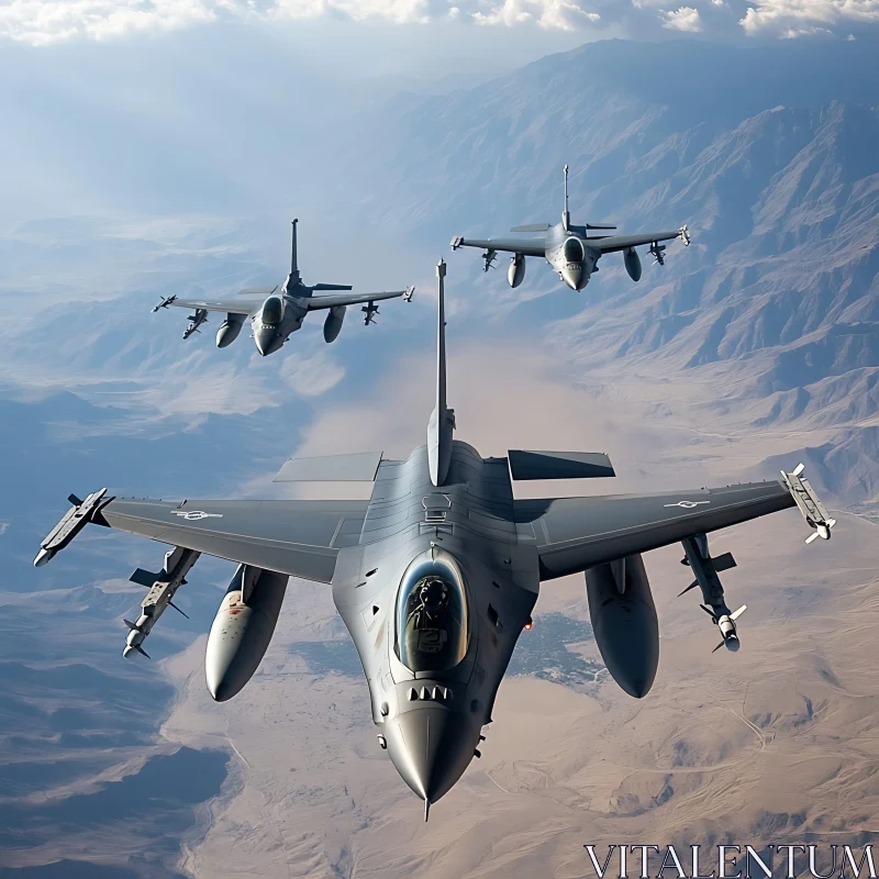 Three Fighter Jets Flying Over Mountains AI Image