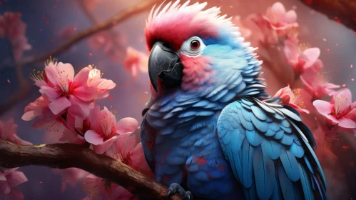 Blue Parrot with Cherry Blossoms - Detailed Character Illustration