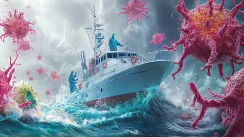 Fantasy Boat Battling Viruses in Storm