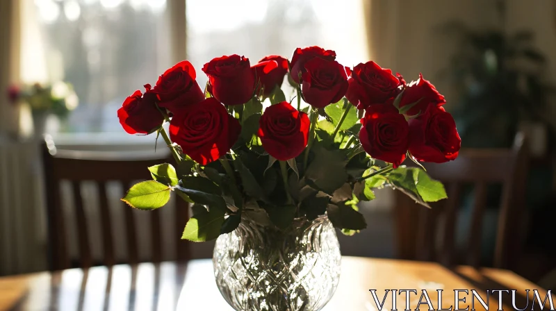 Bouquet of Red Roses in Crystal Vase on Wooden Table AI Image