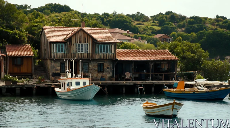 Tranquil Lakeside Scene with Wooden House and Boats AI Image