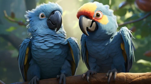 Characterful Blue Parrots on Branch - Unreal Engine Rendered