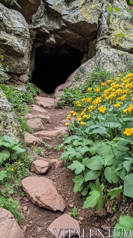 AI ART Enigmatic Rocky Cave Pathway amidst Blooming Flora