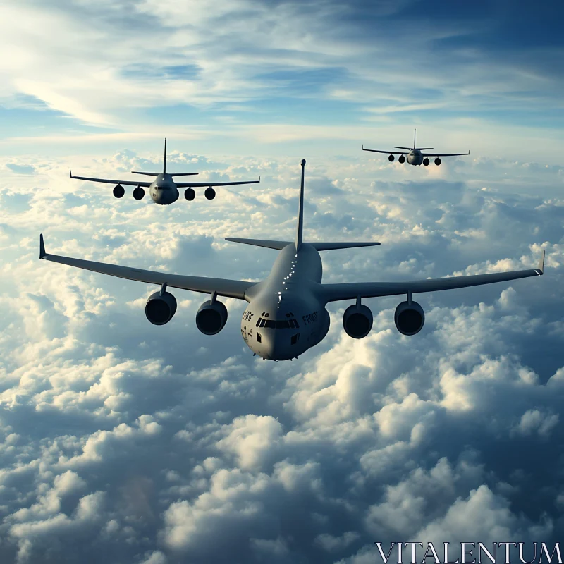 Military Aircraft Formation in a Cloudy Sky AI Image