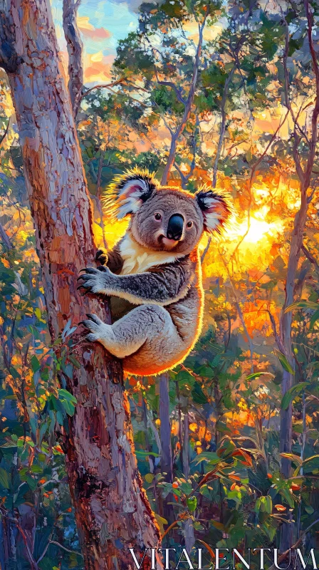 Koala on Tree at Sunset AI Image