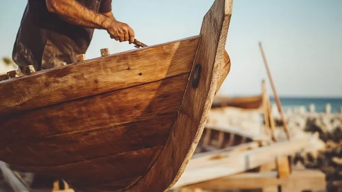 Artisan Working on Wooden Boat – Close-Up View