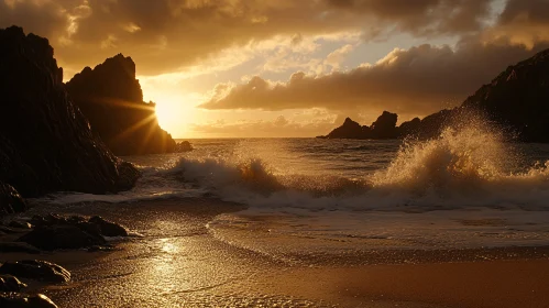 Golden Sunset over Rocky Beach with Waves