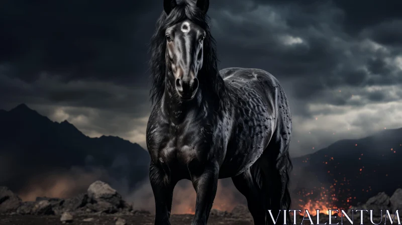 Gothic Black Horse Amidst Lava: A Dark Fantasy Portrait AI Image