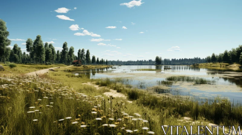 Idyllic Game Map: Rural Life Depiction with Lake and Flora AI Image