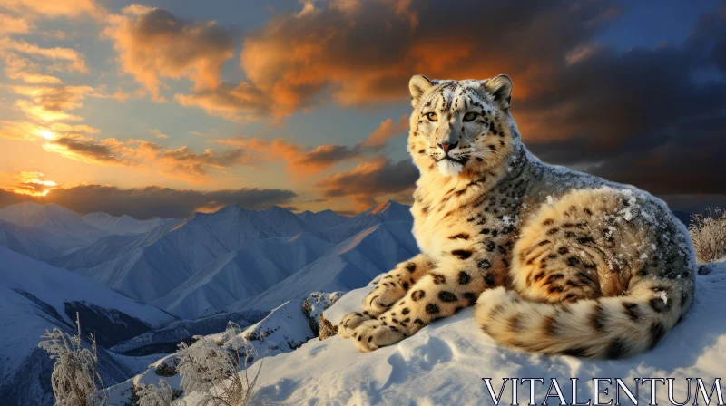 Snow Leopard at Sunset: A Vivid and Lifelike Representation AI Image