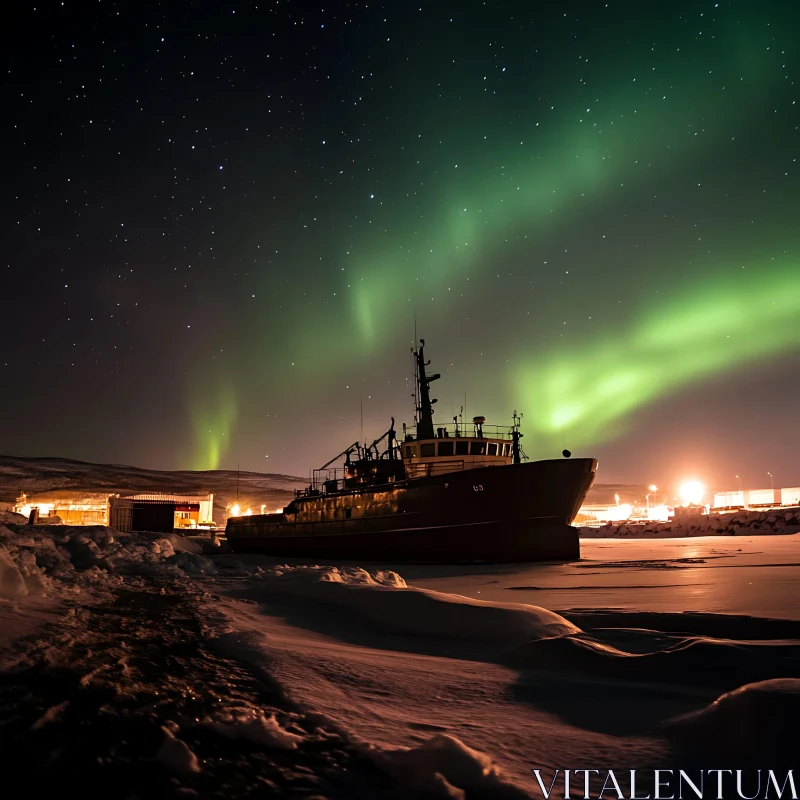 Winter Harbor with Aurora Borealis AI Image