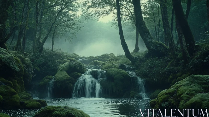 AI ART Ethreal Forest Scene with Cascading Waterfall