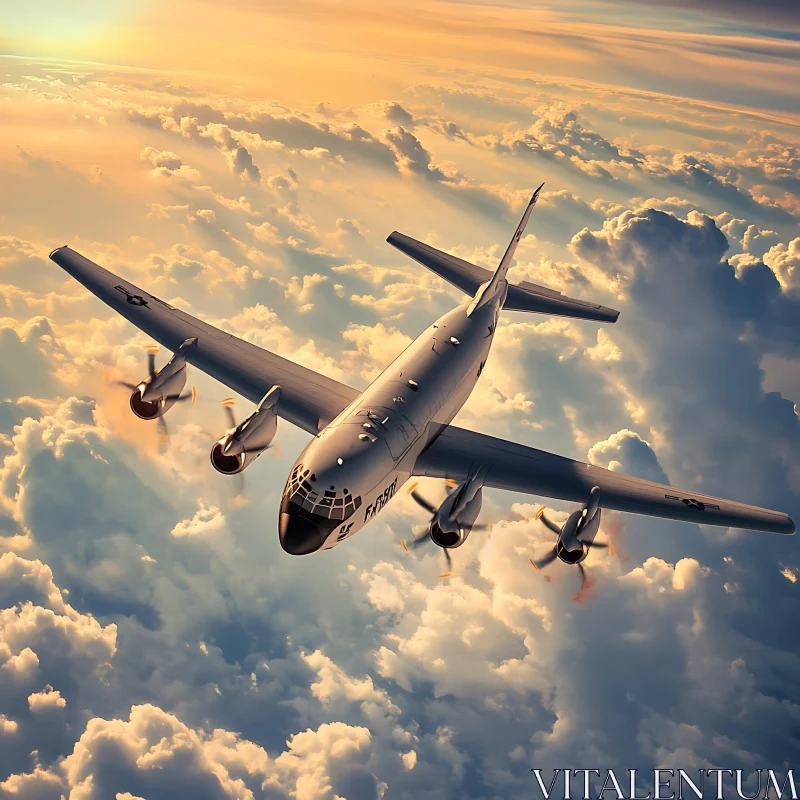 Airplane Soaring in Golden Sunset Skies AI Image