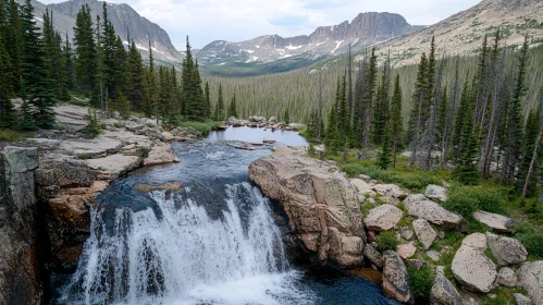 Mountain River Waterfall Amid Pine Trees